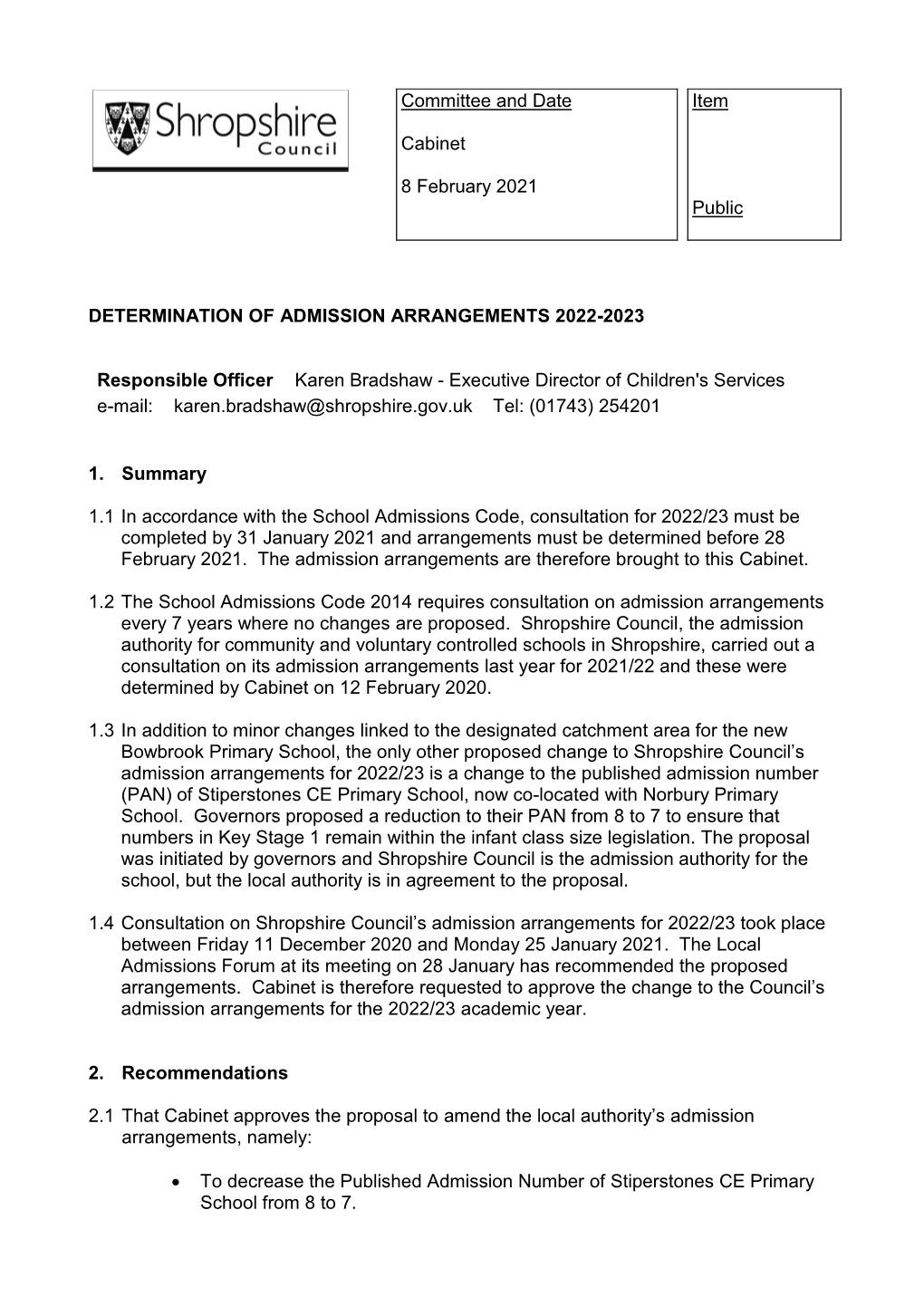 Determination of Admission Arrangements 2022-2023