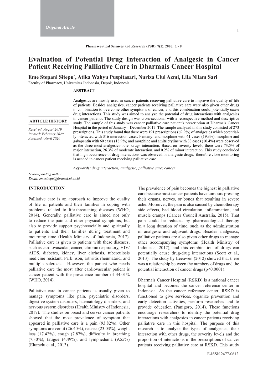 Evaluation of Potential Drug Interaction of Analgesic in Cancer