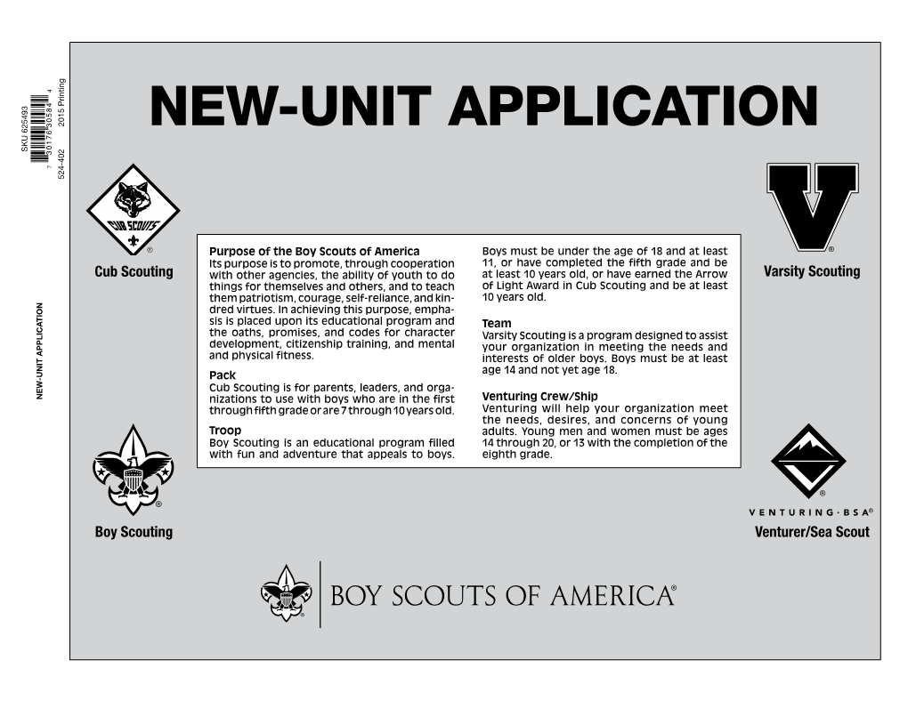 NEW-UNIT APPLICATION 7 30176 30584 4 524-402 2015 Printing Cub Scouting Boy Scouting NEW-UNIT APPLICATION with Funandadventurethatappealstoboys