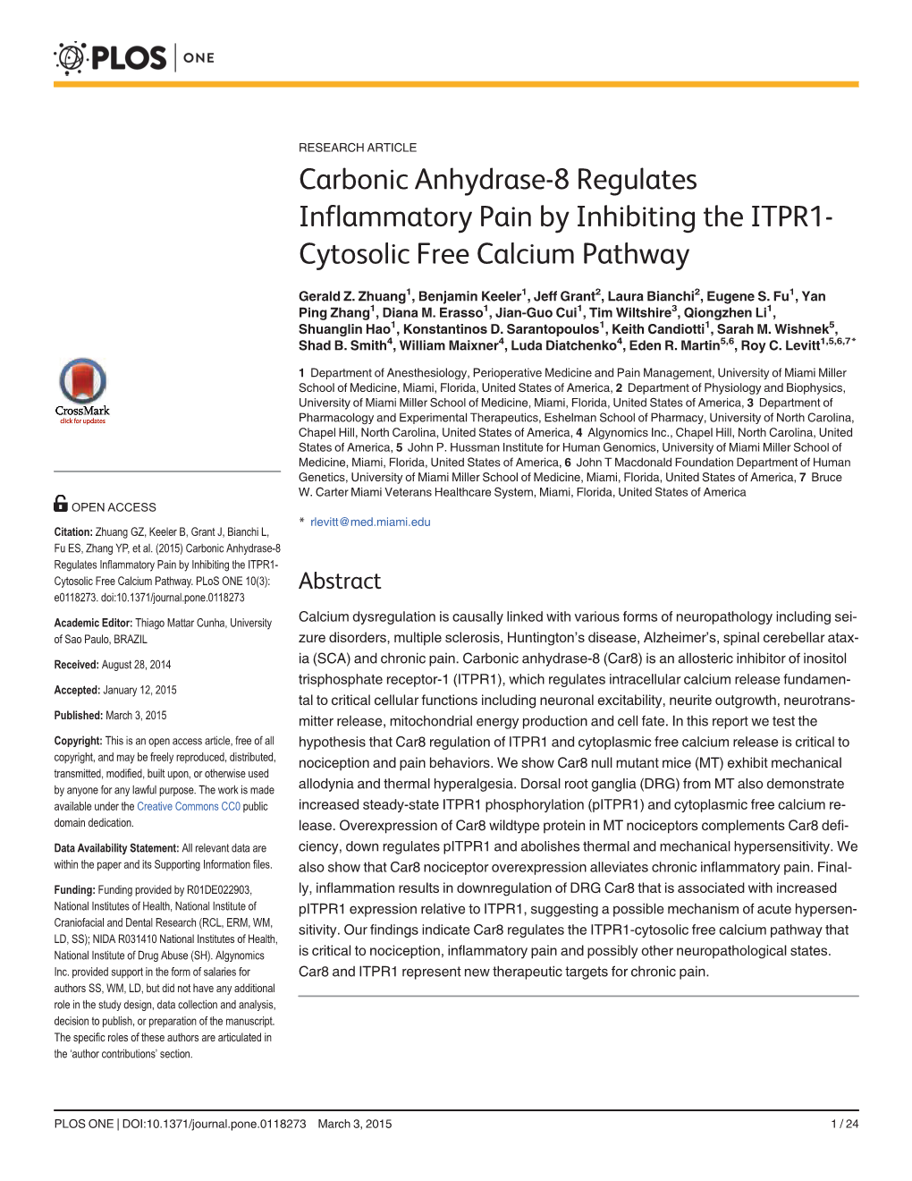 Carbonic Anhydrase-8 Regulates Inflammatory Pain by Inhibiting the ITPR1- Cytosolic Free Calcium Pathway