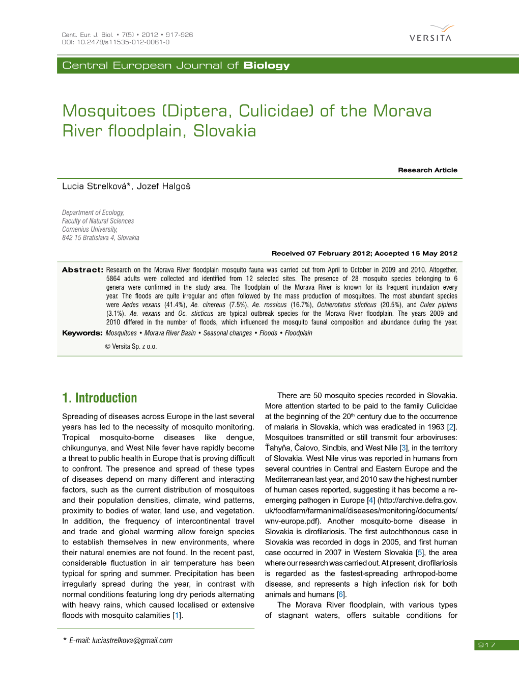 Mosquitoes (Diptera, Culicidae) of the Morava River Floodplain, Slovakia