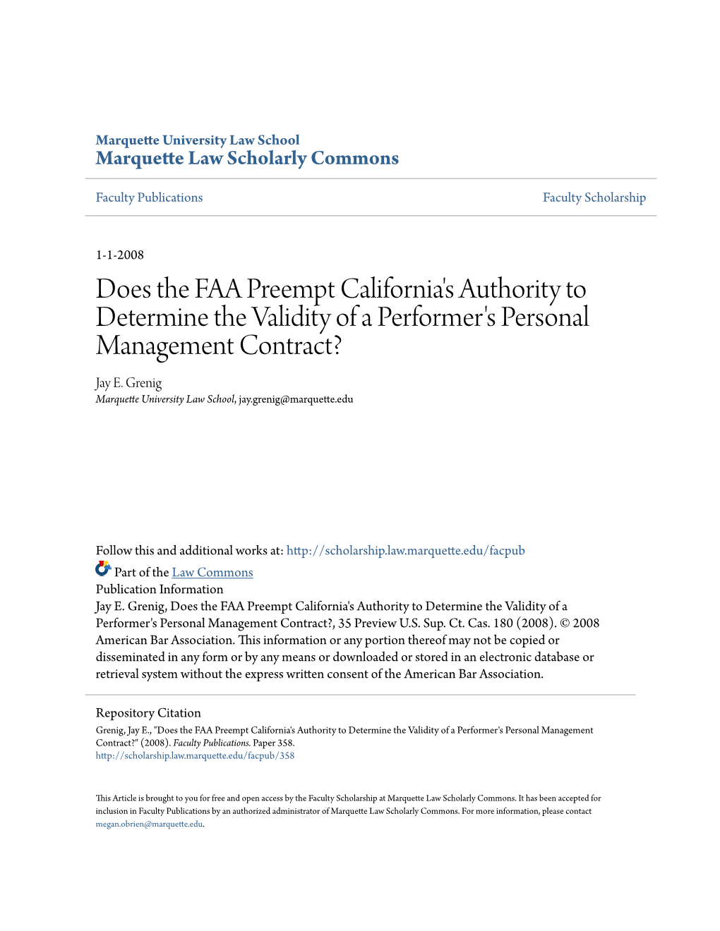 Does the FAA Preempt California's Authority to Determine the Validity of a Performer's Personal Management Contract? Jay E