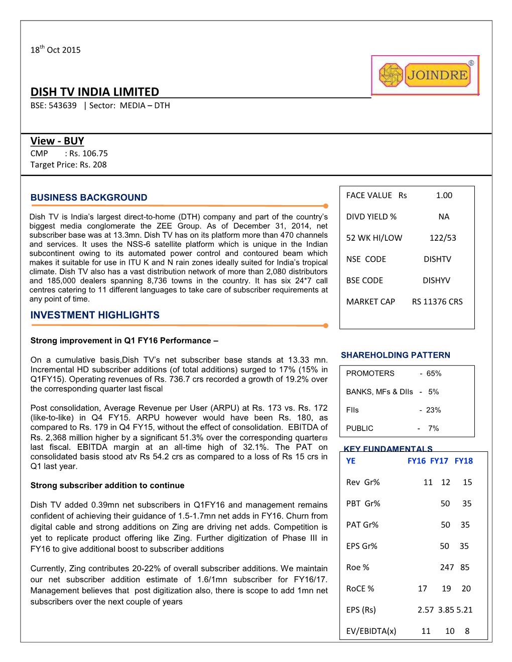 DISH TV INDIA LIMITED BSE: 543639 | Sector: MEDIA – DTH