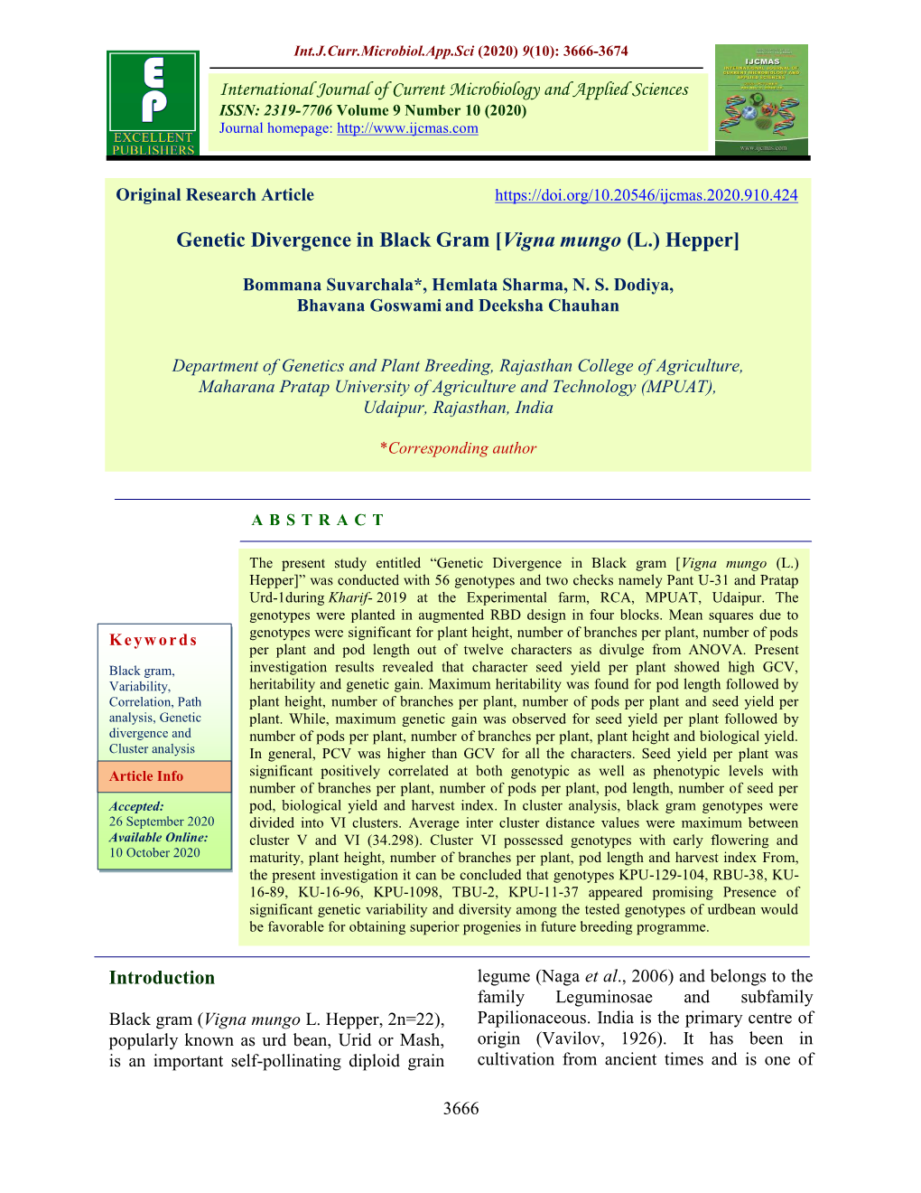 Genetic Divergence in Black Gram [Vigna Mungo (L.) Hepper]