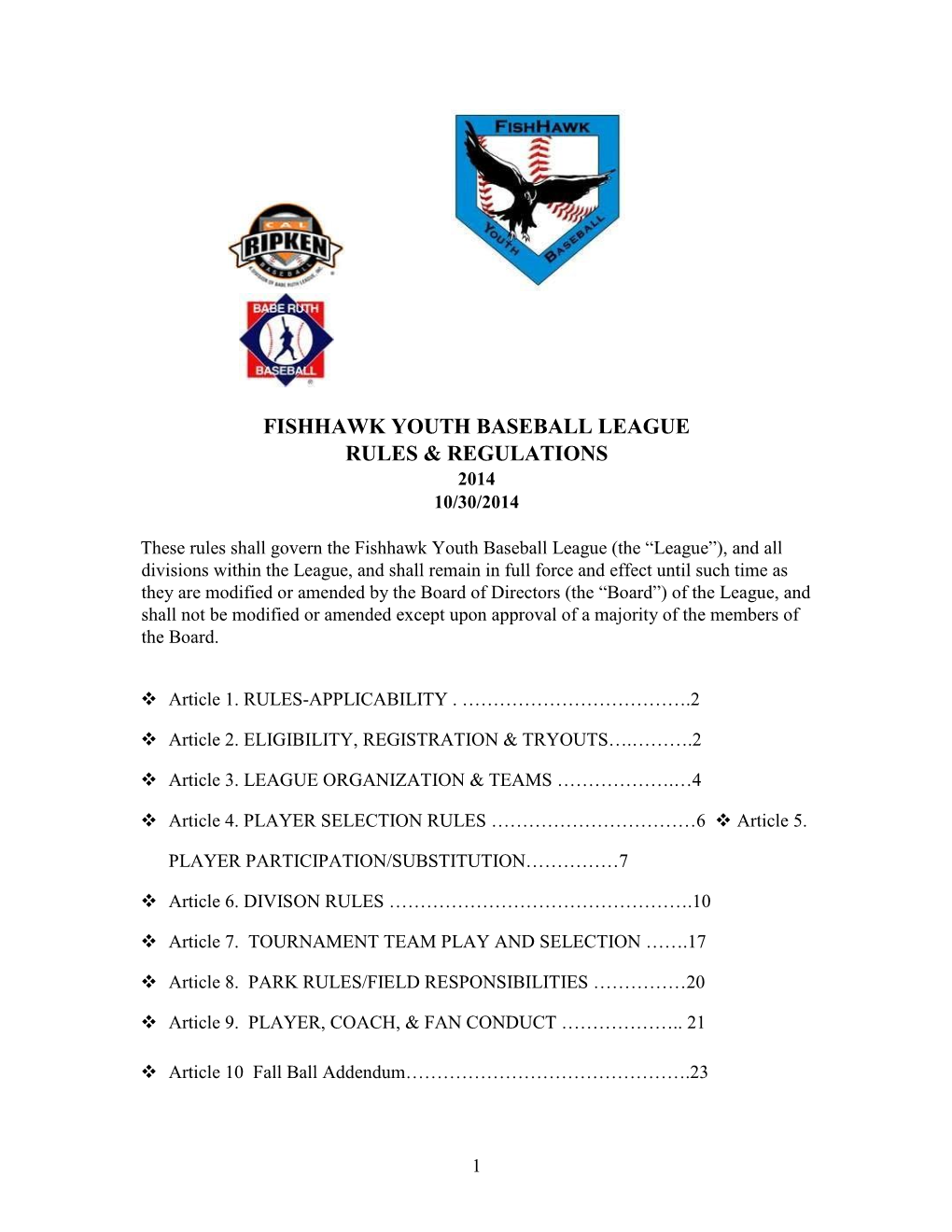 Fishhawk Youth Baseball League Rules & Regulations