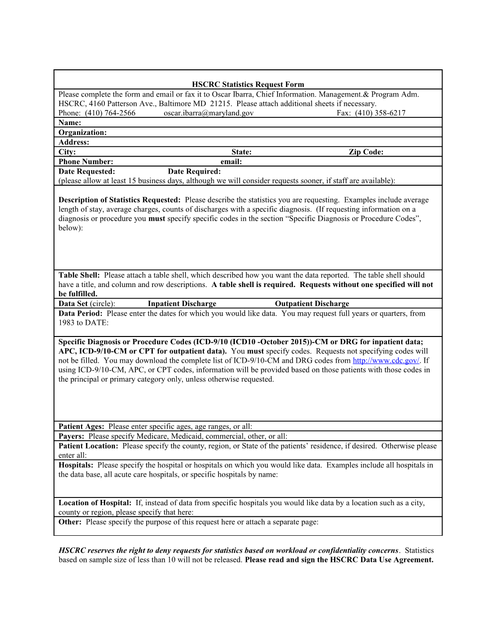 HSCRC Statistics Request Form