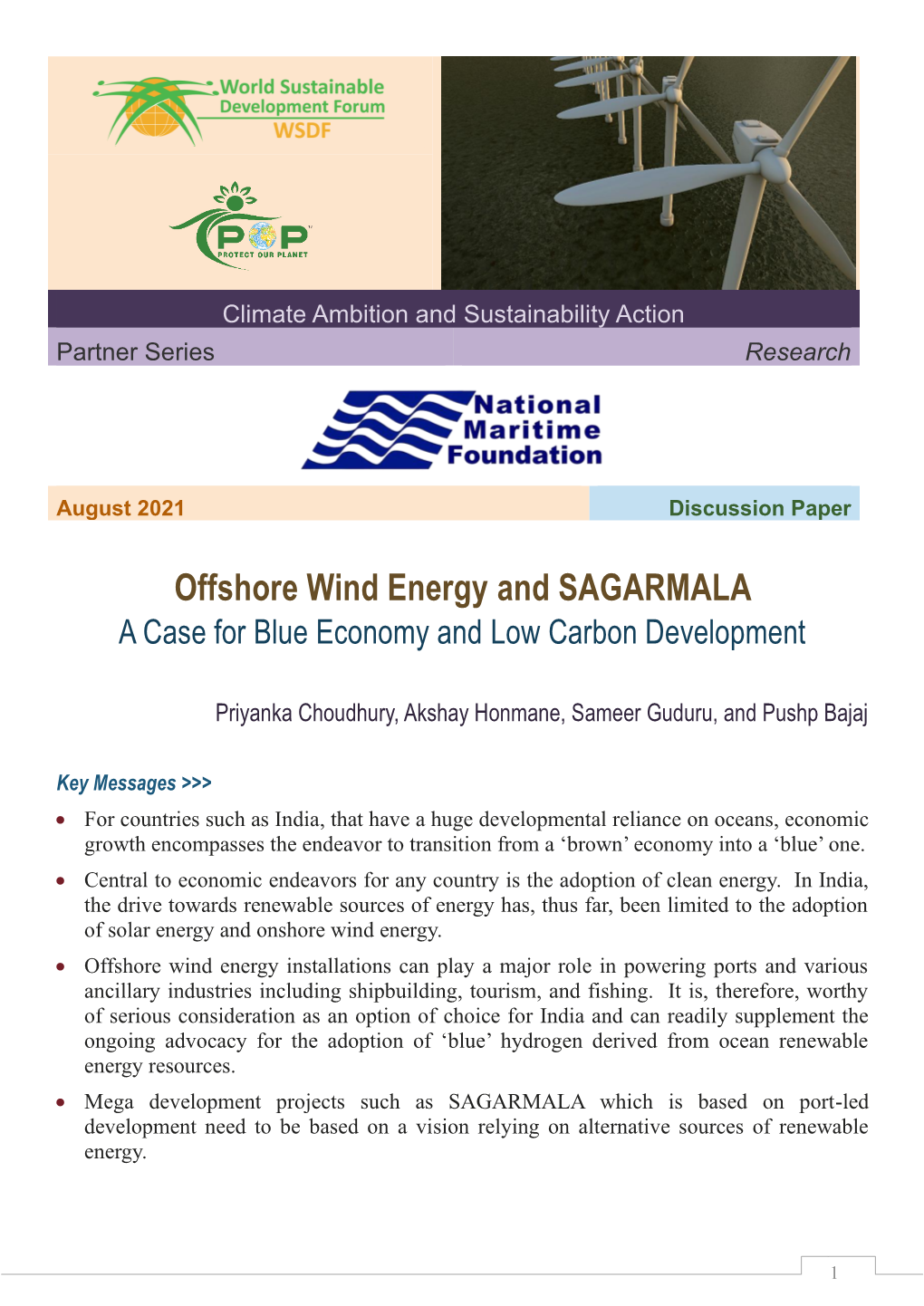 Offshore Wind Energy and SAGARMALA a Case for Blue Economy and Low Carbon Development