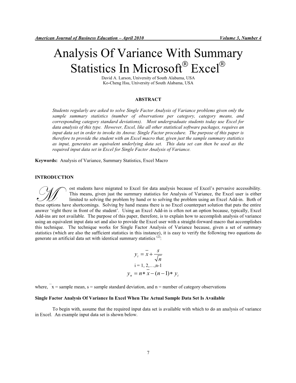 Analysis of Variance with Summary Statistics in Microsoft Excel