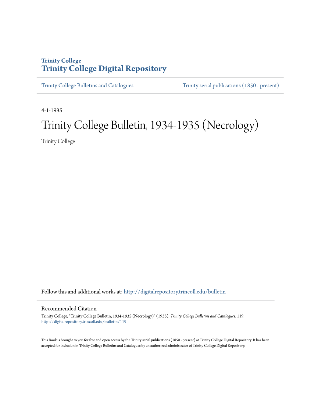 Trinity College Bulletin, 1934-1935 (Necrology) Trinity College