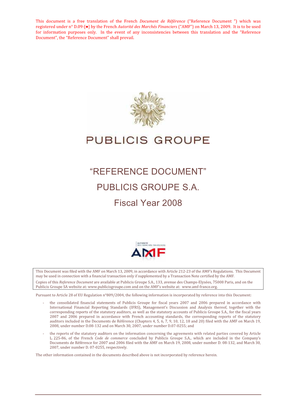 “REFERENCE DOCUMENT” PUBLICIS GROUPE S.A. Fiscal Year 2008