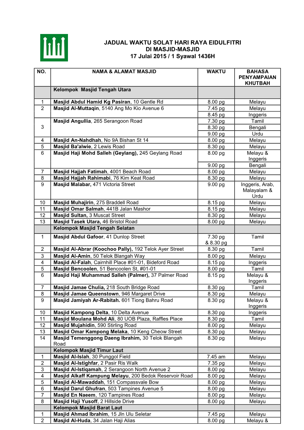 JADUAL WAKTU SOLAT HARI RAYA EIDULFITRI DI MASJID-MASJID 17 Julai 2015 / 1 Syawal 1436H