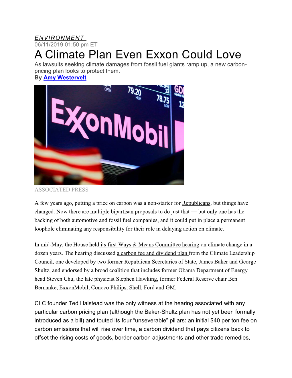 A Climate Plan Even Exxon Could Love As Lawsuits Seeking Climate Damages from Fossil Fuel Giants Ramp Up, a New Carbon- Pricing Plan Looks to Protect Them