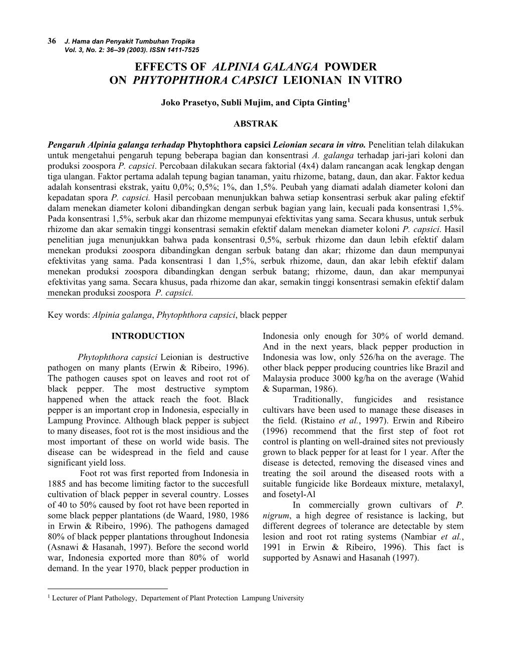 Effects of Alpinia Galanga Powder on Phytophthora Capsici Leionian in Vitro