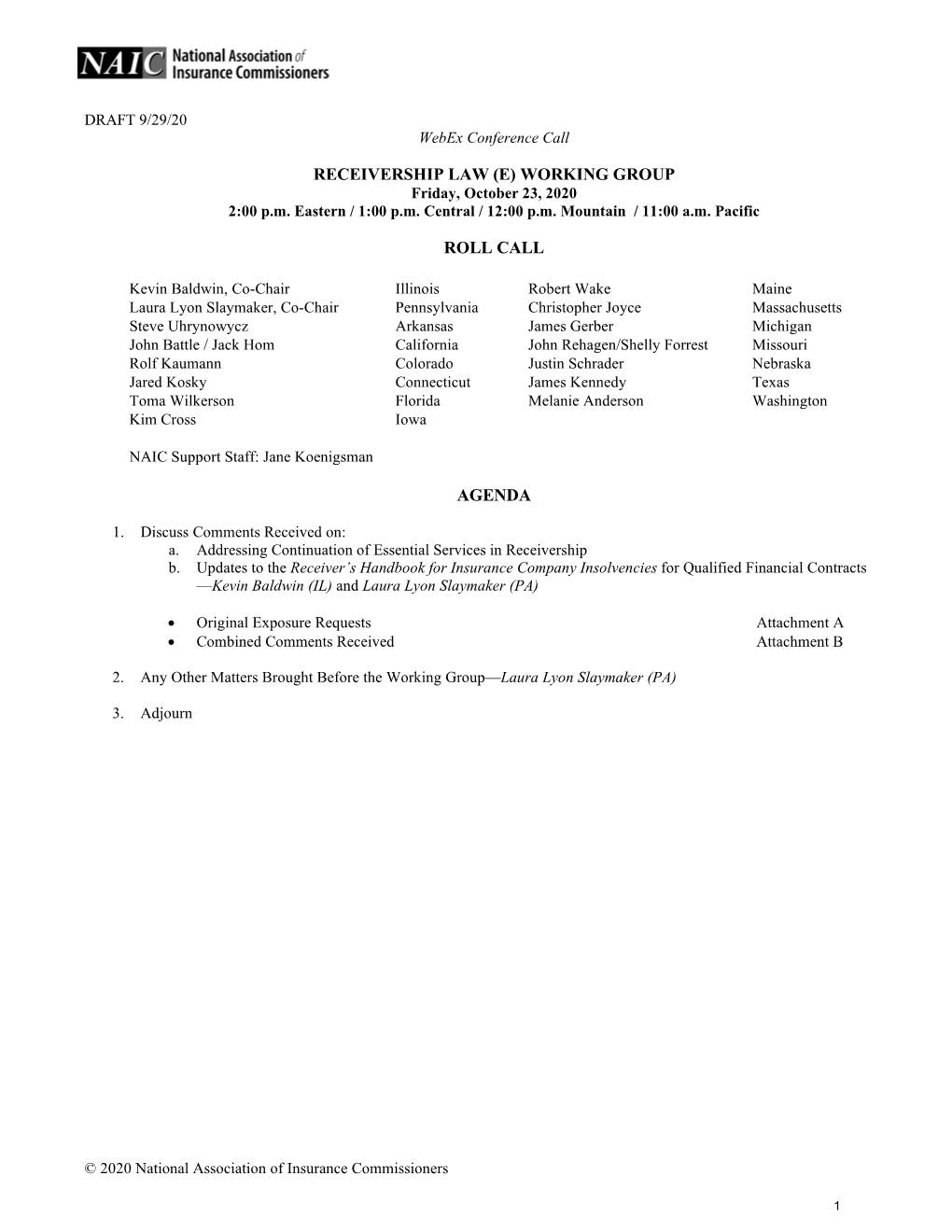 Receivership Law (E) Working Group Roll Call Agenda