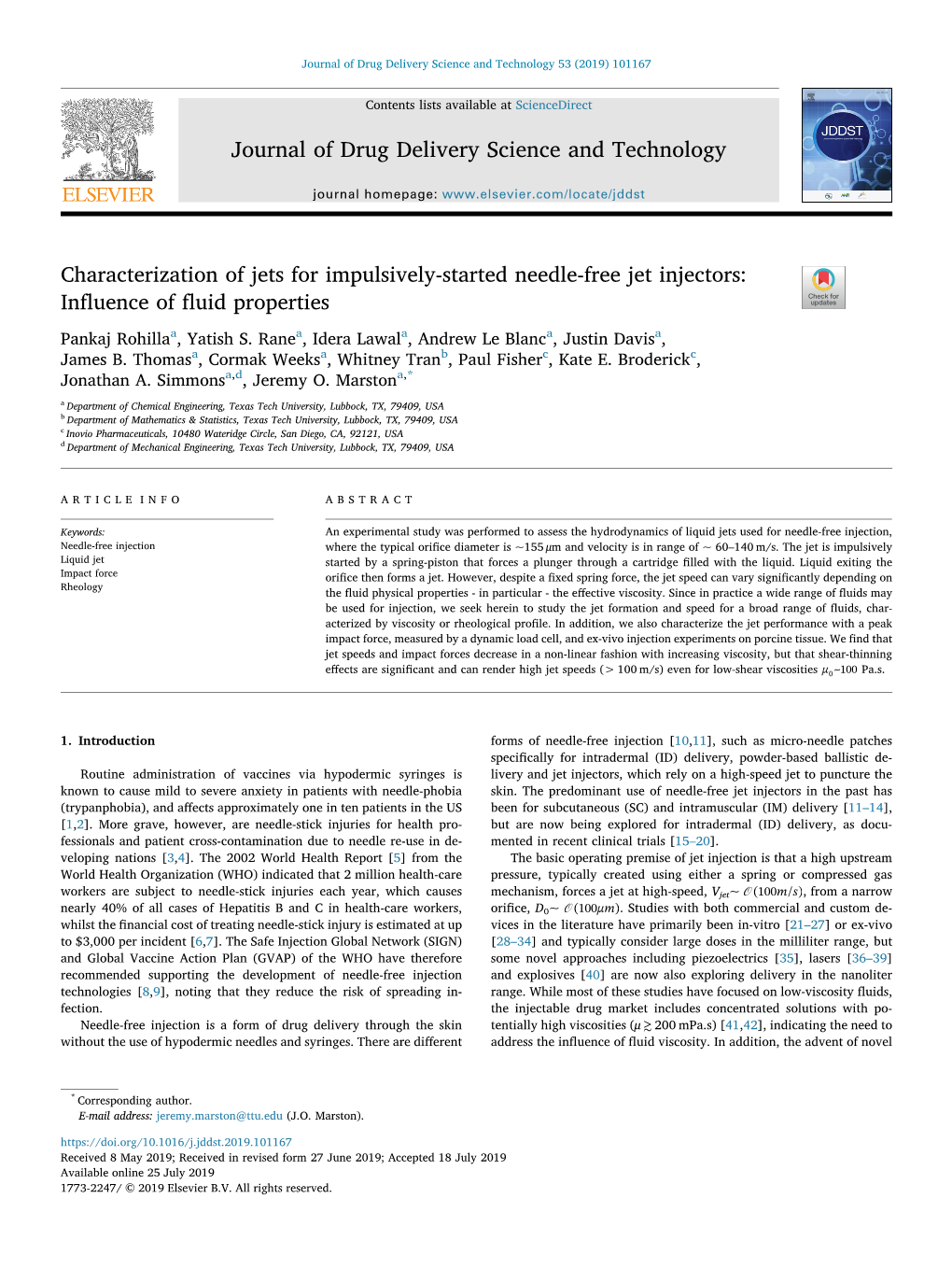 Characterization of Jets for Impulsively-Started Needle-Free Jet Injectors: Inﬂuence of ﬂuid Properties T