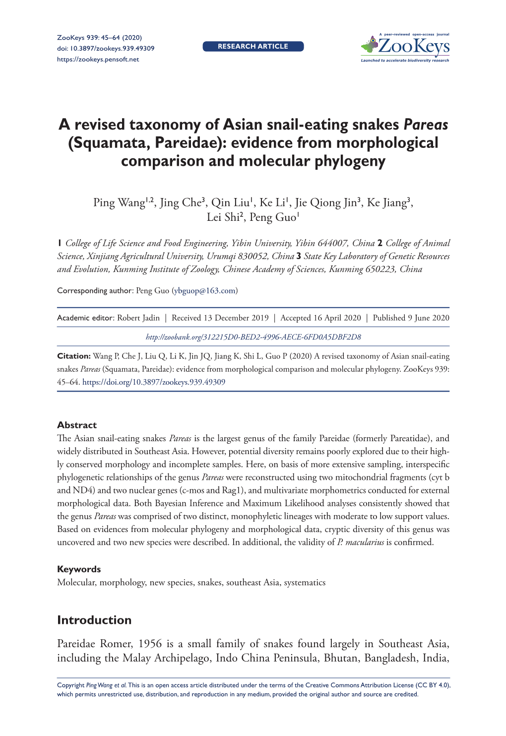 A Revised Taxonomy of Asia Snail-Eating Snakes Pareas