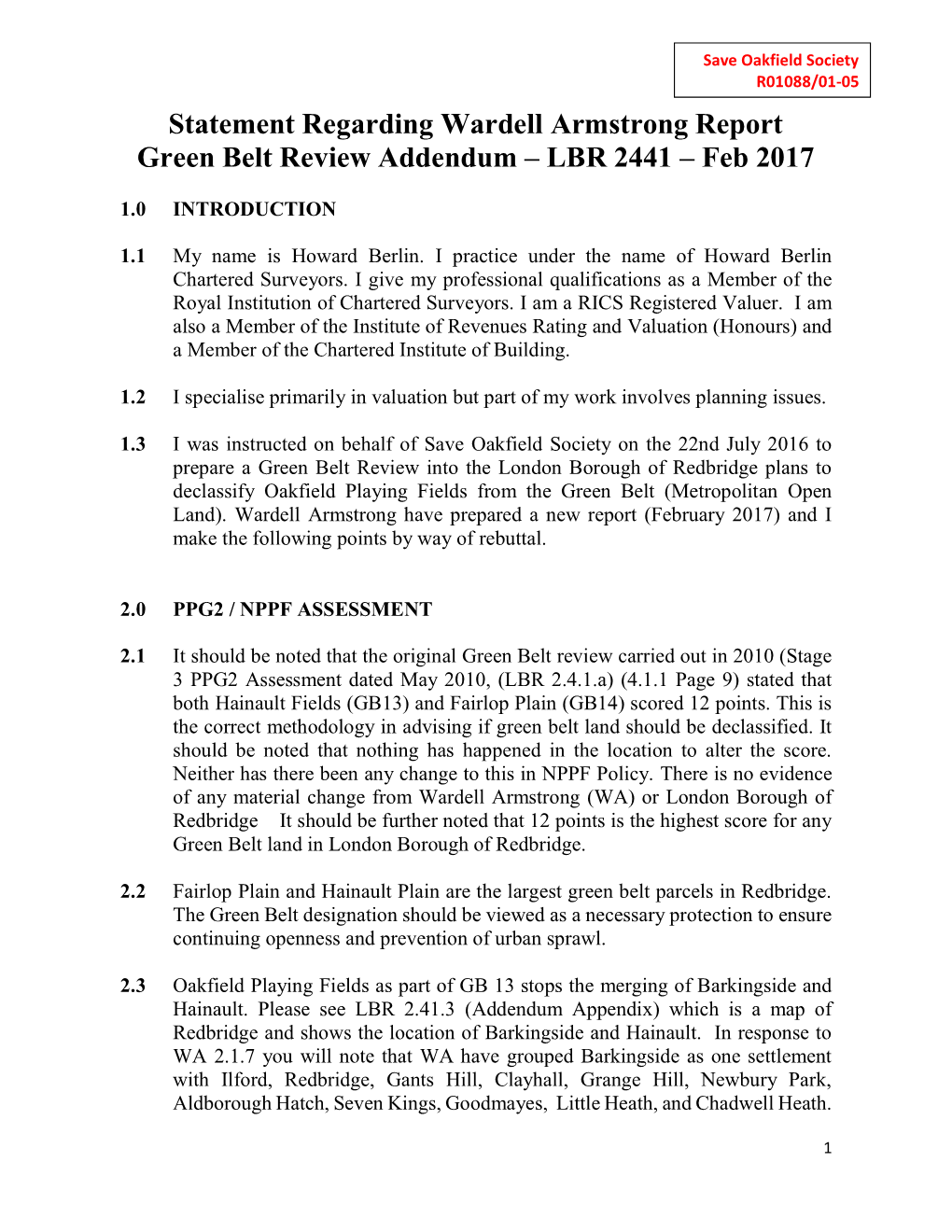 Statement Regarding Wardell Armstrong Report Green Belt Review Addendum – LBR 2441 – Feb 2017