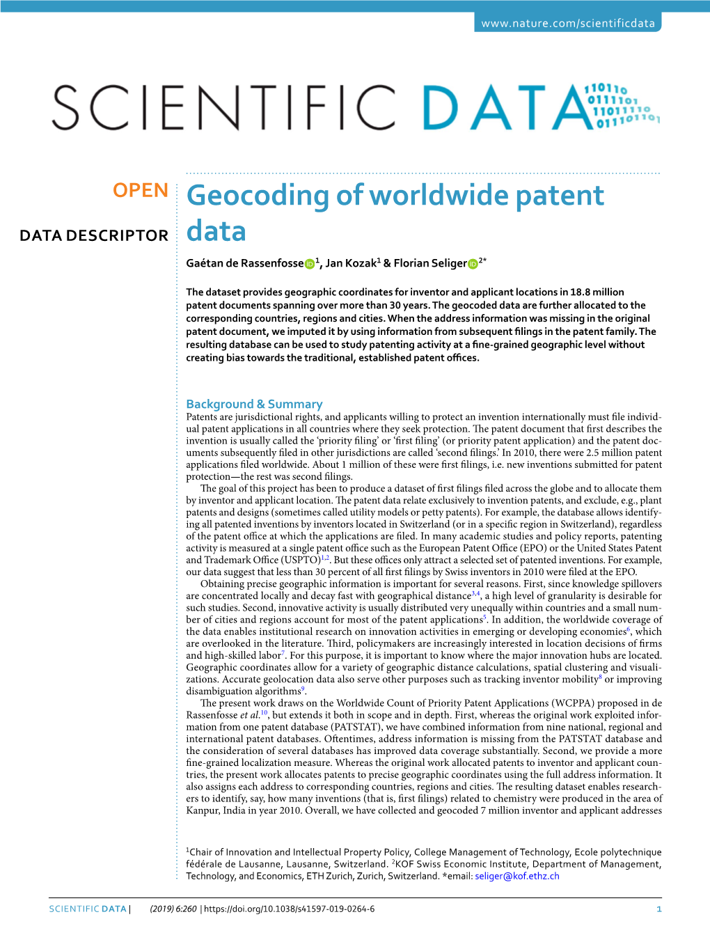 Geocoding of Worldwide Patent Data Descriptor Data Gaétan De Rassenfosse 1, Jan Kozak1 & Florian Seliger 2*