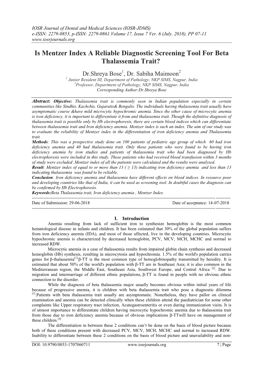 Is Mentzer Index a Reliable Diagnostic Screening Tool for Beta Thalassemia Trait?