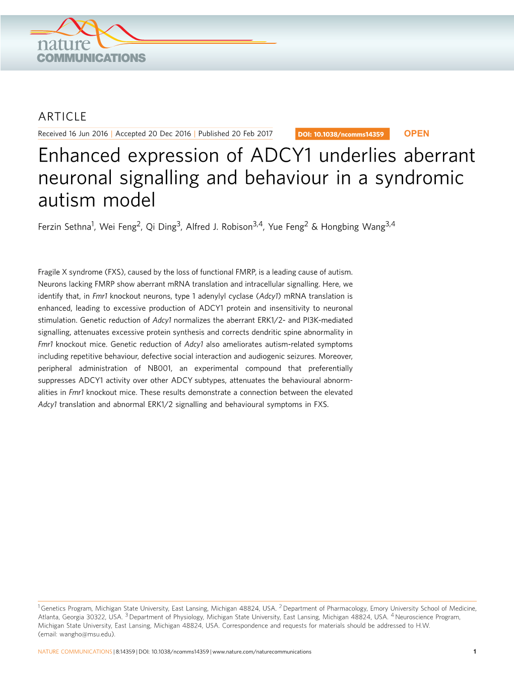 Enhanced Expression of ADCY1 Underlies Aberrant Neuronal Signalling and Behaviour in a Syndromic Autism Model