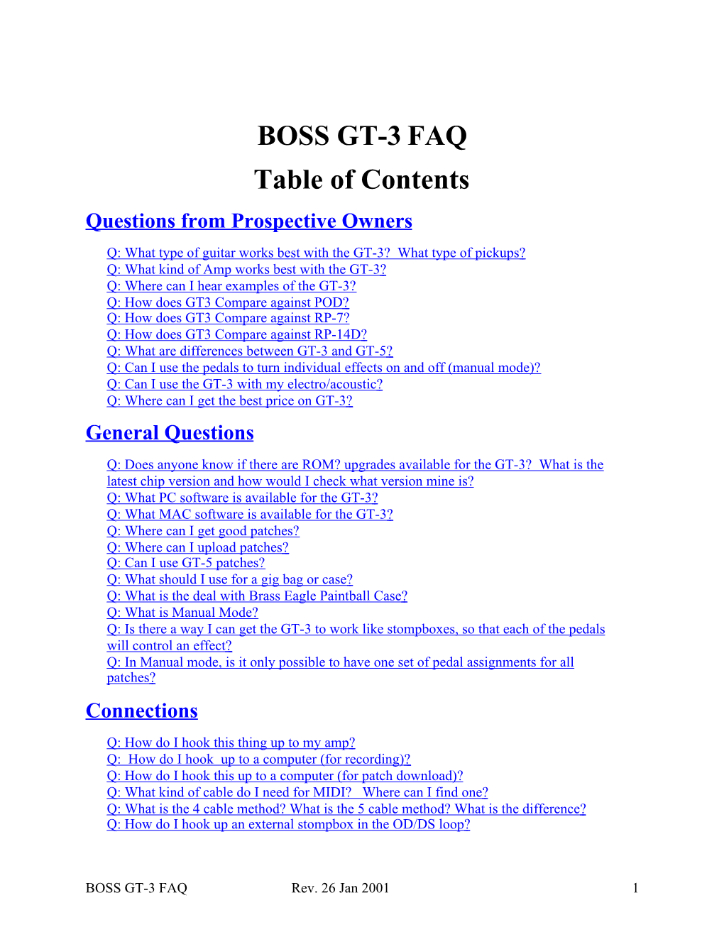 BOSS GT-3 FAQ Table of Contents