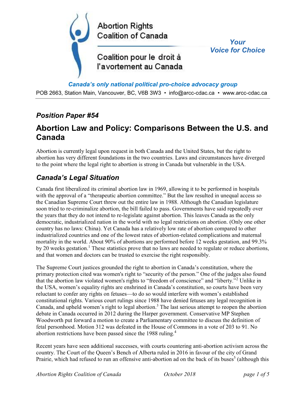 Abortion Law and Policy: Comparisons Between the U.S. and Canada