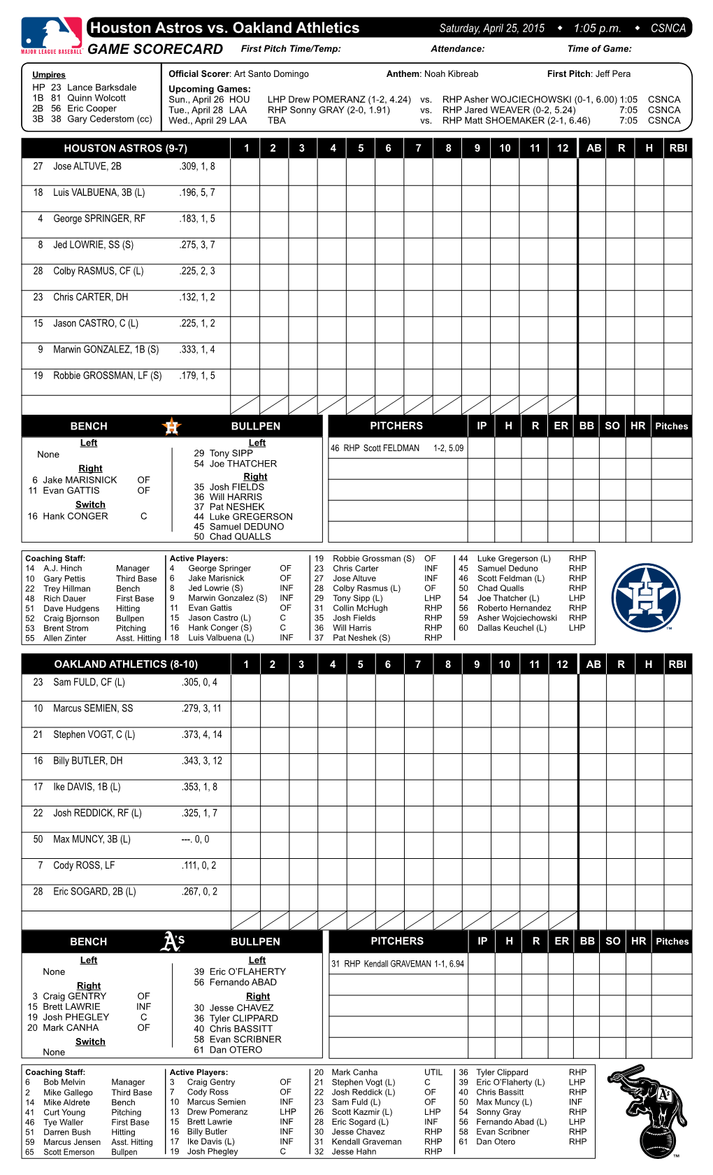 Houston Astros Vs. Oakland Athletics Saturday, April 25, 2015 W 1:05 P.M