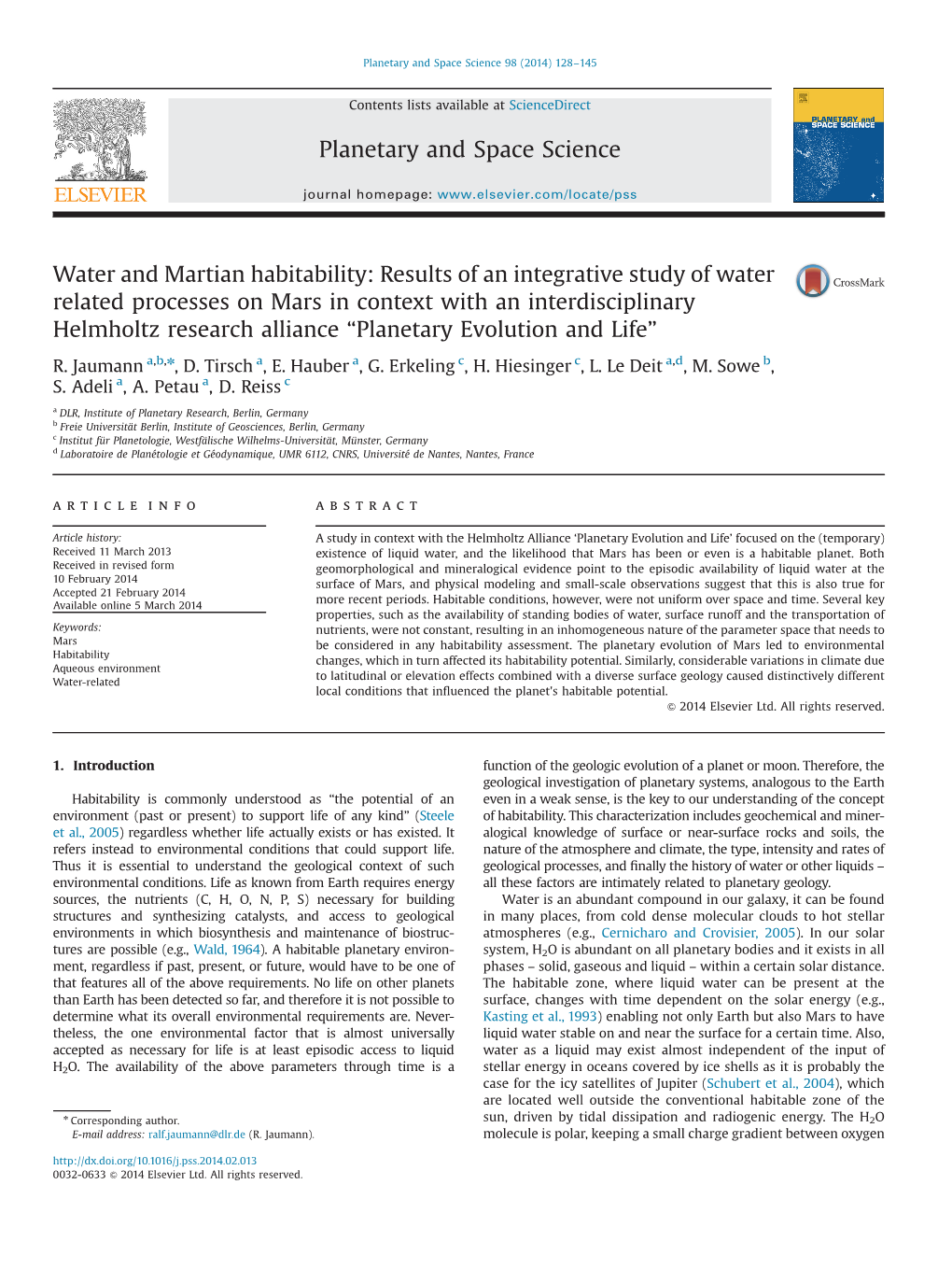 Water and Martian Habitability Results of an Integrative Study Of