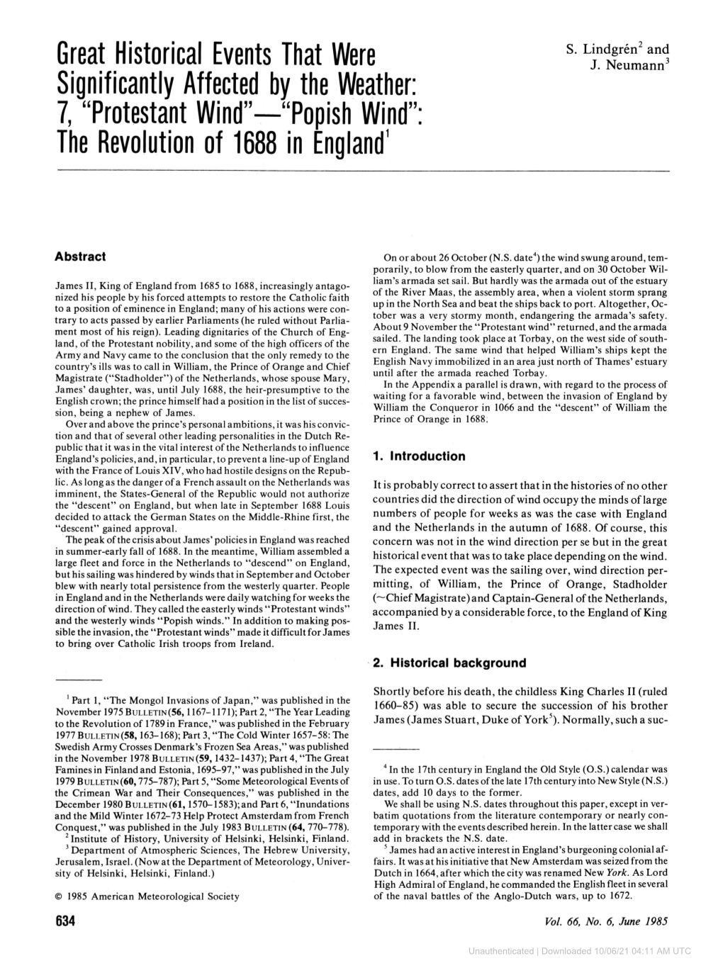 Downloaded 10/06/21 04:11 AM UTC Bulletin American Meteorological Society 635 Cession Would Have Presented No Problem, but James Con- He Had to Flee from His Kingdom