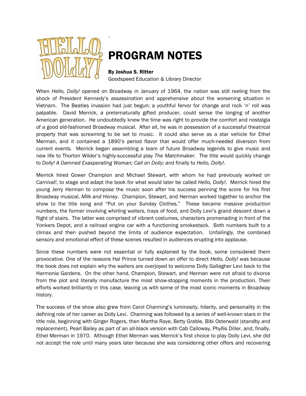 HELLO DOLLY Program Notes.Pdf