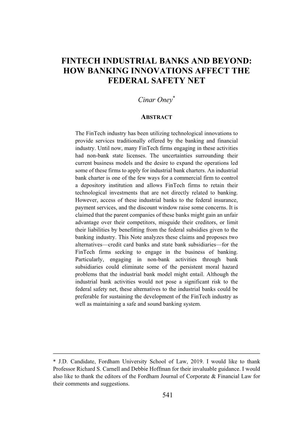 Fintech Industrial Banks and Beyond: How Banking Innovations Affect the Federal Safety Net