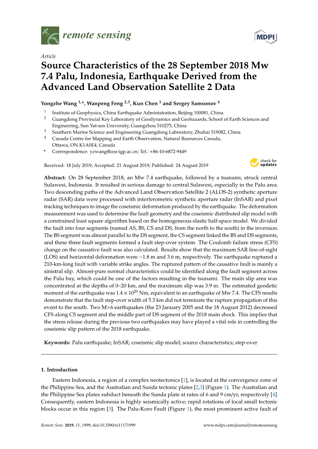 Source Characteristics of the 28 September 2018 Mw 7.4 Palu, Indonesia, Earthquake Derived from the Advanced Land Observation Satellite 2 Data