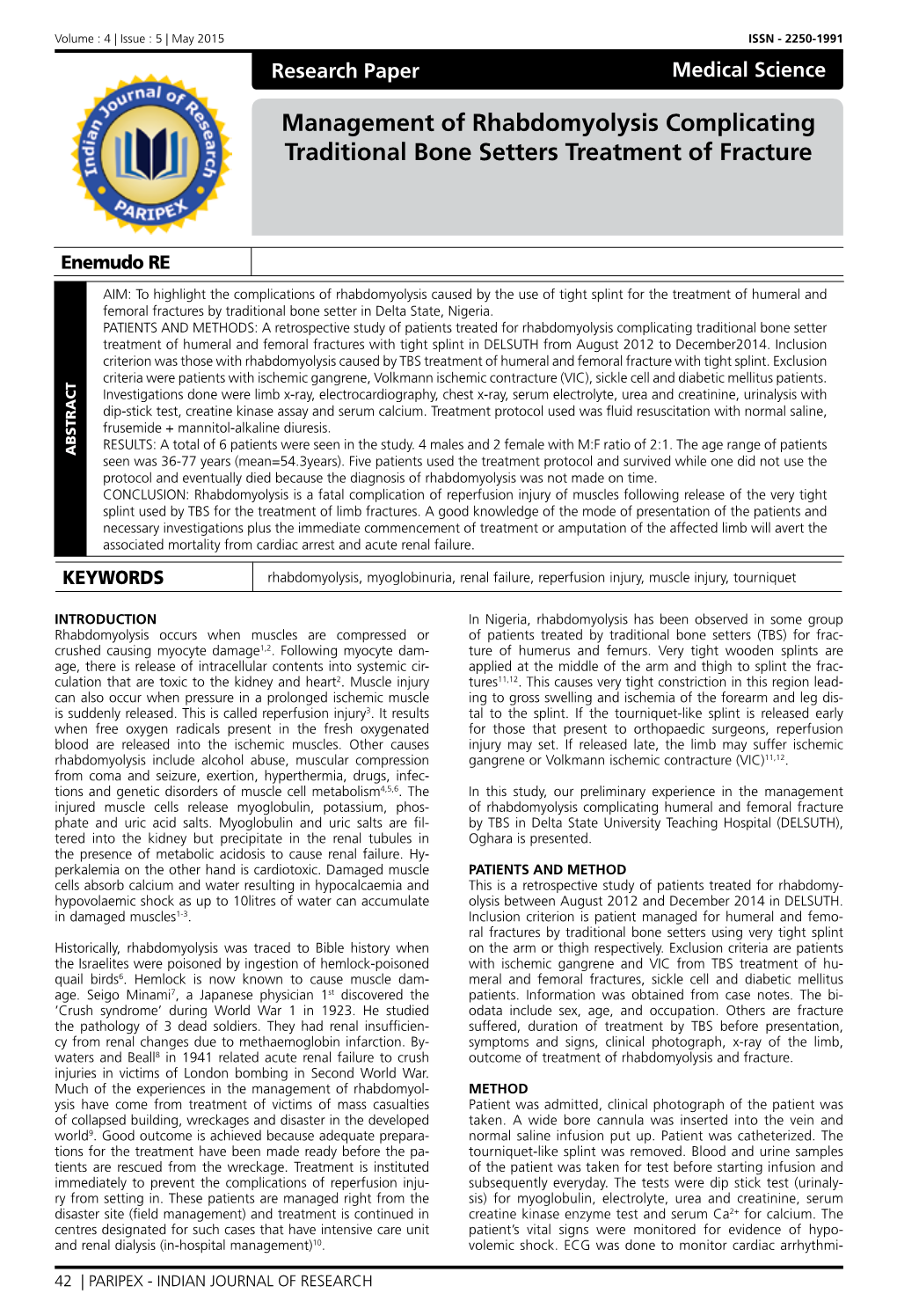 Management of Rhabdomyolysis Complicating Traditional Bone Setters Treatment of Fracture