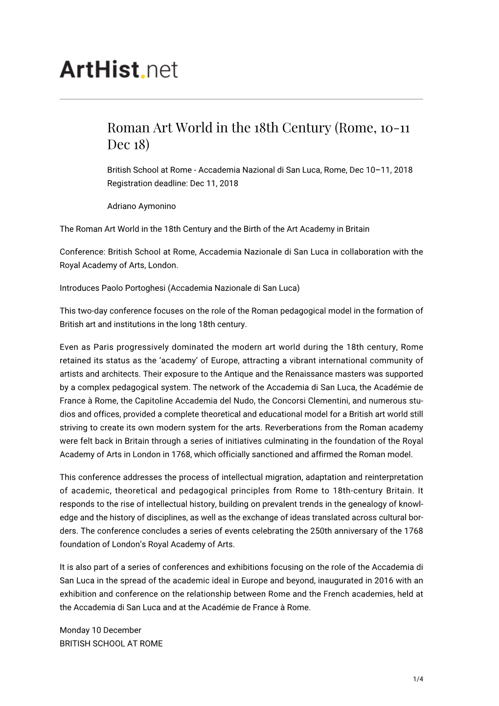 Roman Art World in the 18Th Century (Rome, 10-11 Dec 18)