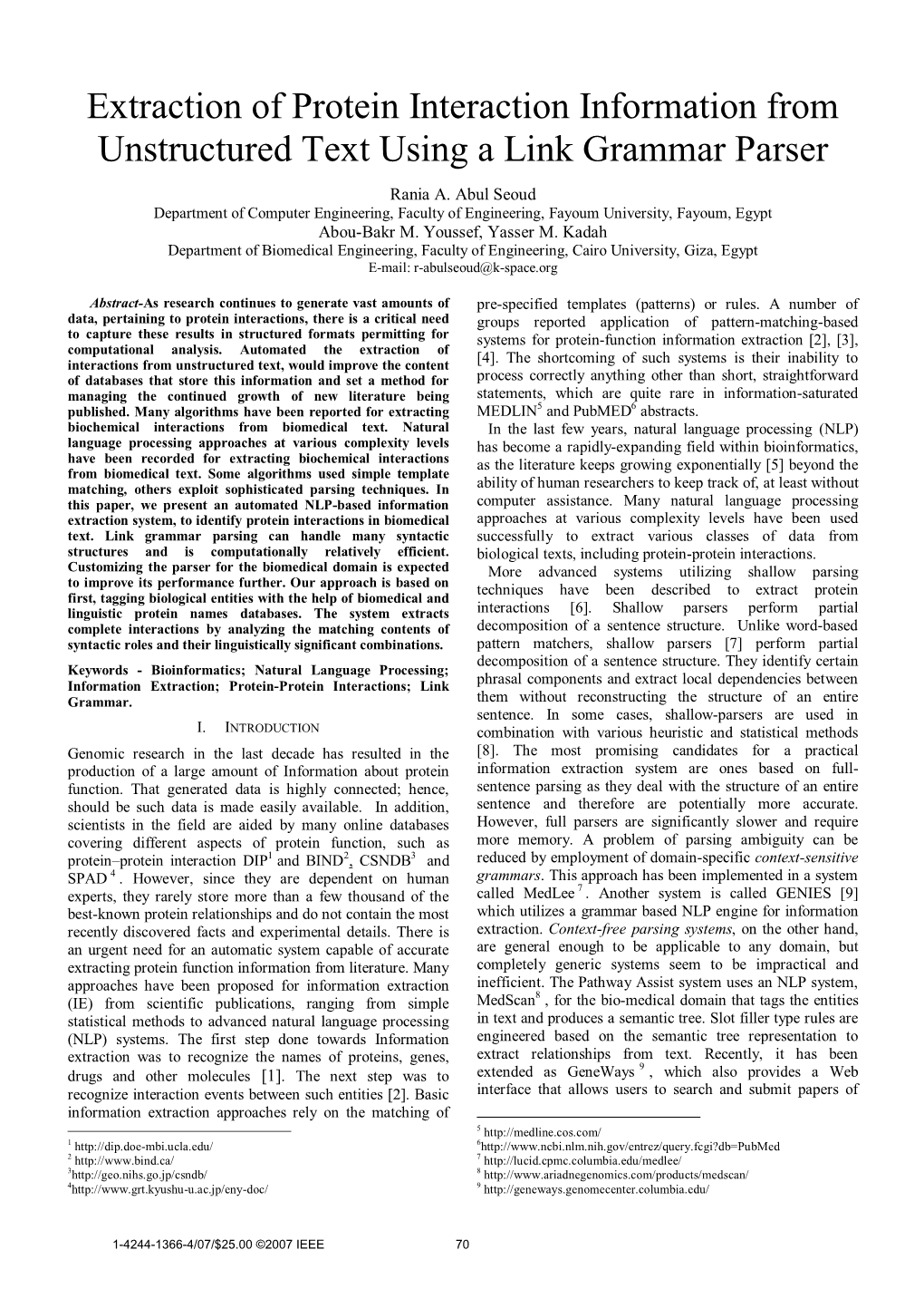 Extraction of Protein Interaction Information from Unstructured Text Using a Link Grammar Parser