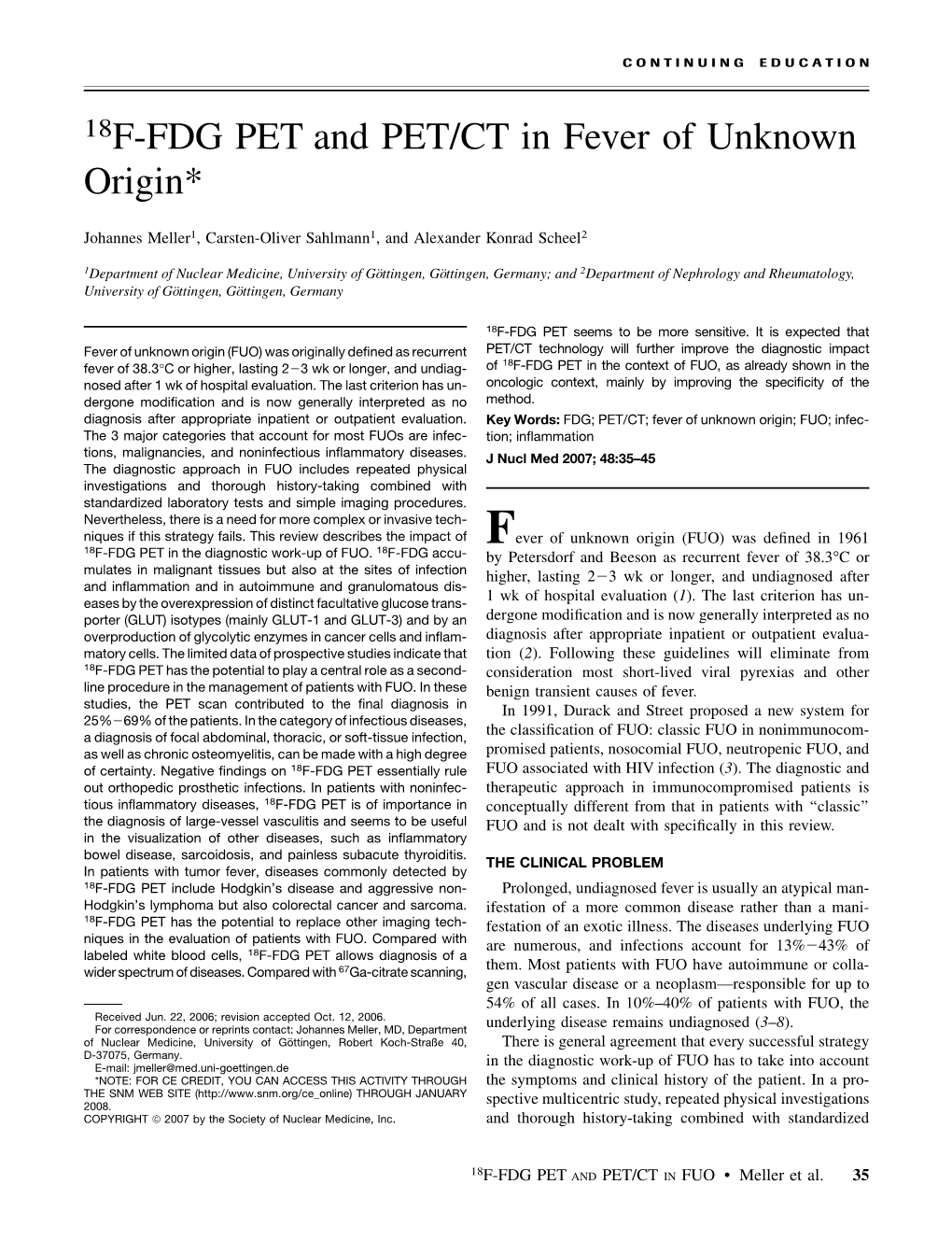 18F-FDG PET and PET/CT in Fever of Unknown Origin*