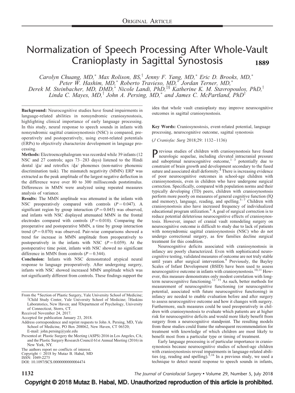 Normalization of Speech Processing After Whole-Vault Cranioplasty in Sagittal Synostosis 1889