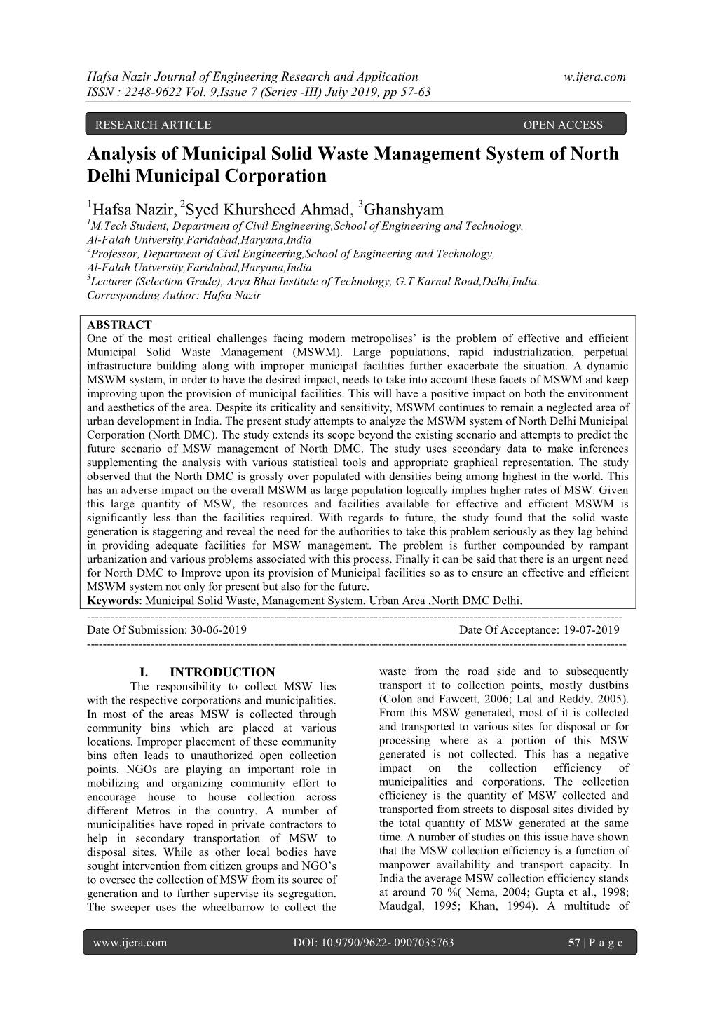 Analysis of Municipal Solid Waste Management System of North Delhi Municipal Corporation