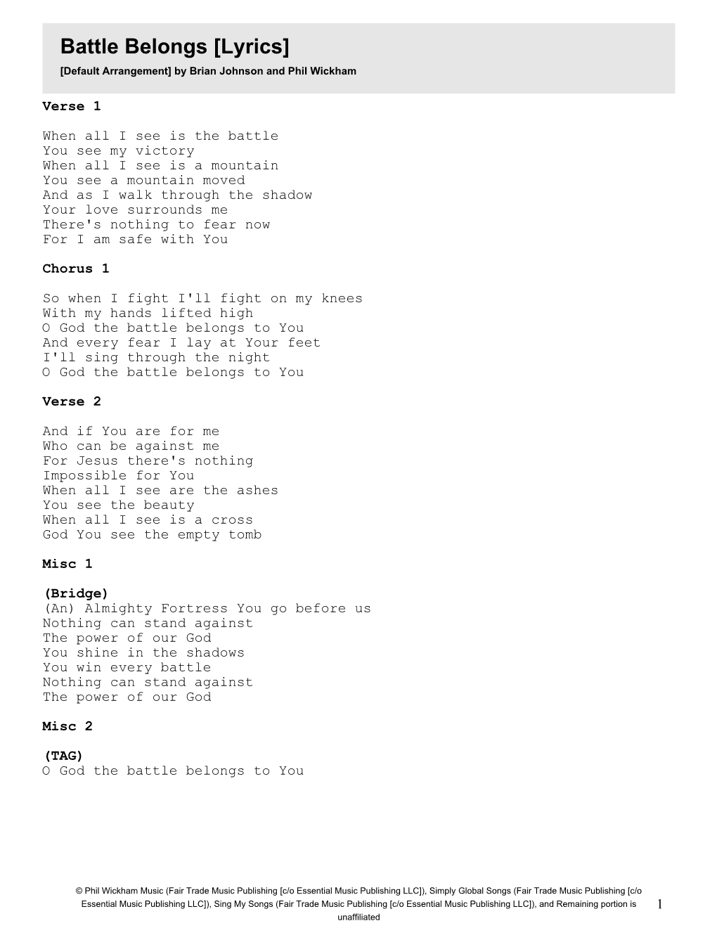 Battle Belongs [Lyrics] [Default Arrangement] by Brian Johnson and Phil Wickham