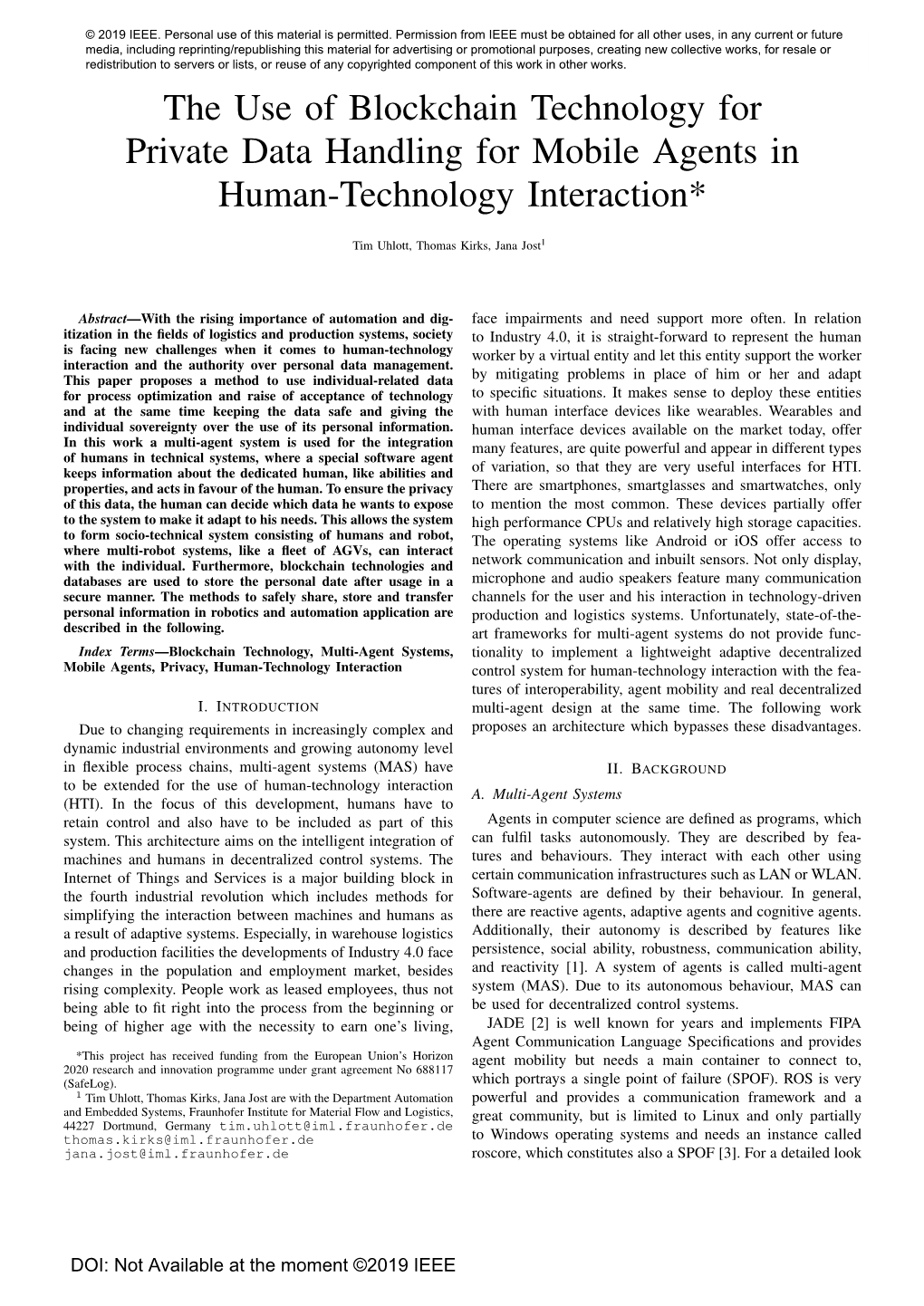 The Use of Blockchain Technology for Private Data Handling for Mobile Agents in Human-Technology Interaction*