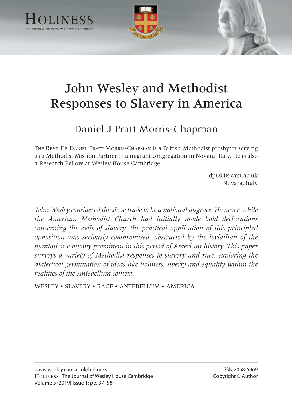 Wesley and Methodist Responses to Slavery in America