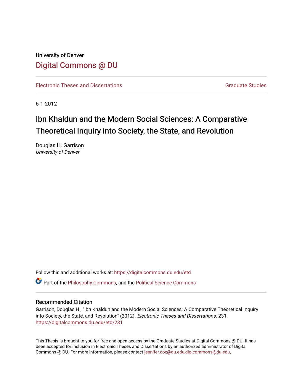 Ibn Khaldun and the Modern Social Sciences: a Comparative Theoretical Inquiry Into Society, the State, and Revolution