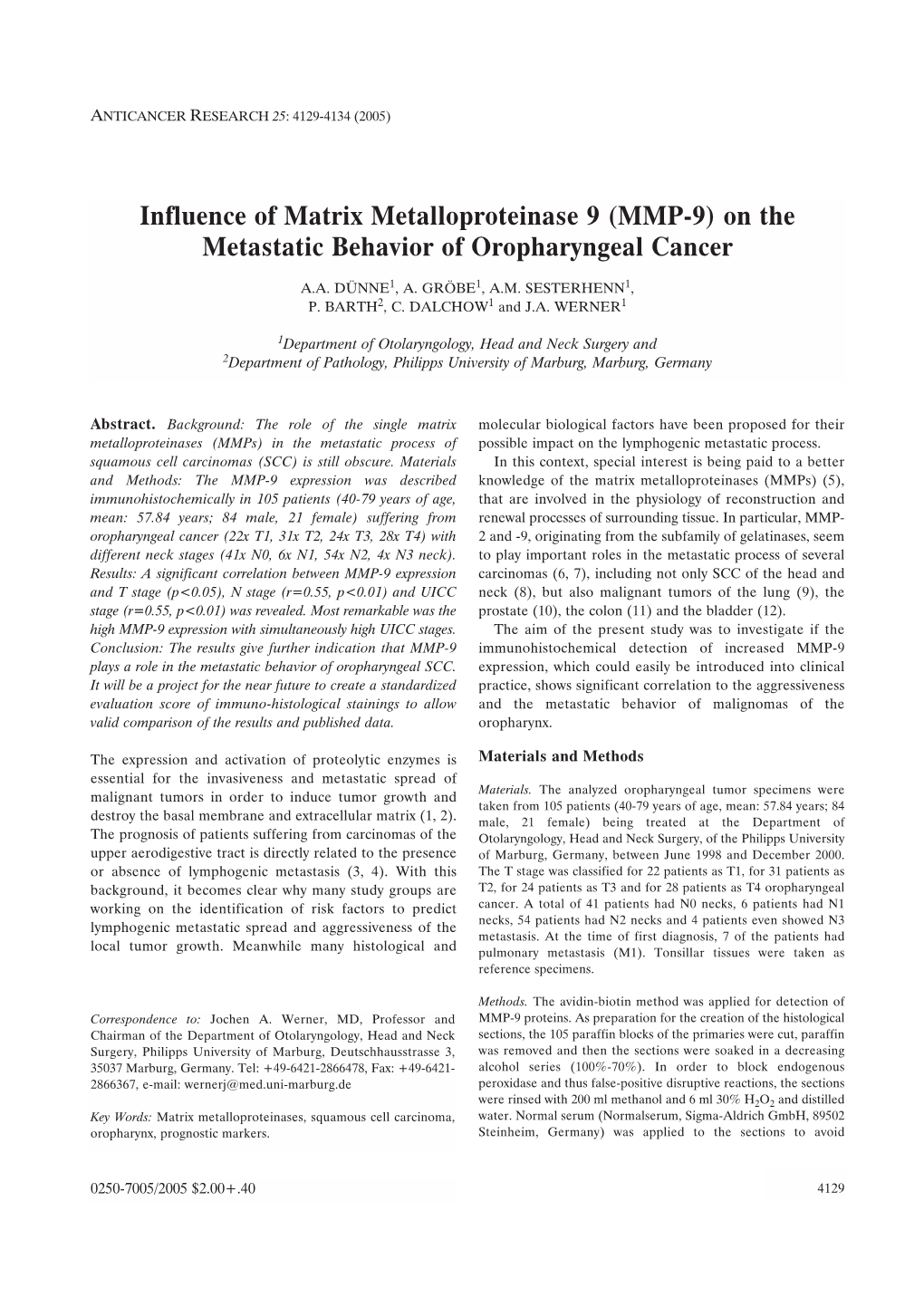 MMP-9) on the Metastatic Behavior of Oropharyngeal Cancer