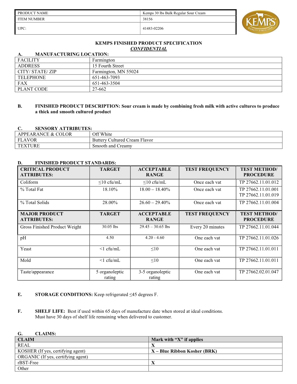 Kemps Finished Product Specification Confidential A