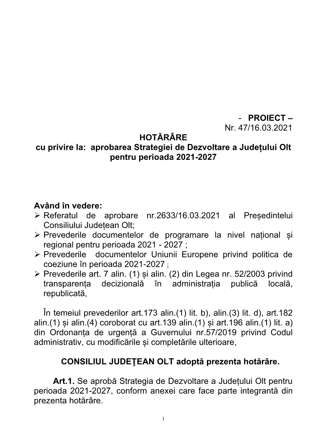 Aprobarea Strategiei De Dezvoltare a Județului Olt Pentru Perioada 2021-2027