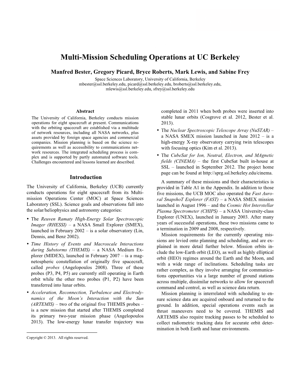 IWPSS 2013 Multi-Mission Scheduling Operations at UC Berkeley Bester