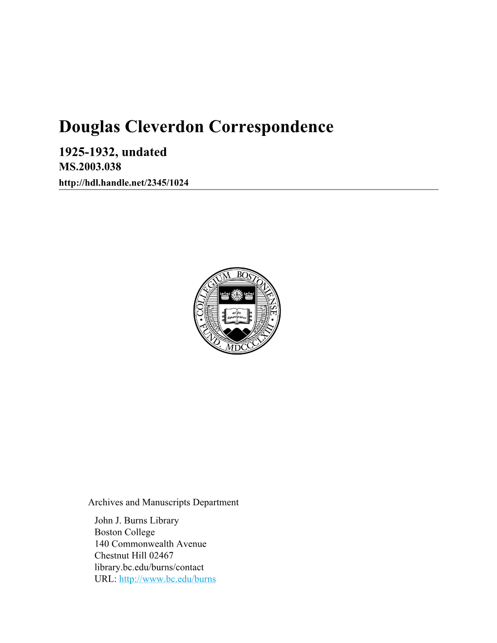 Douglas Cleverdon Correspondence 1925-1932, Undated MS.2003.038