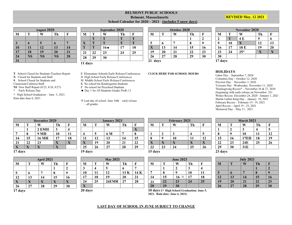 Belmont Public Schools Calendar for 2020 – 2021- REVISED May 12, 2021