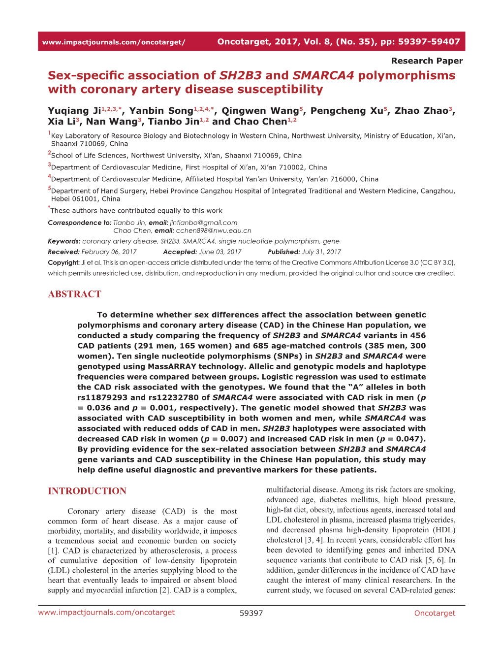 Sex-Specific Association of SH2B3 and SMARCA4 Polymorphisms With