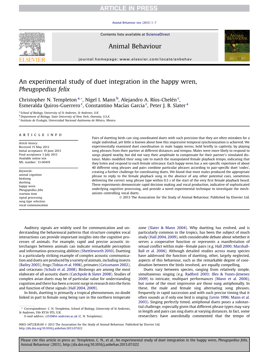 An Experimental Study of Duet Integration in the Happy Wren, Pheugopedius Felix